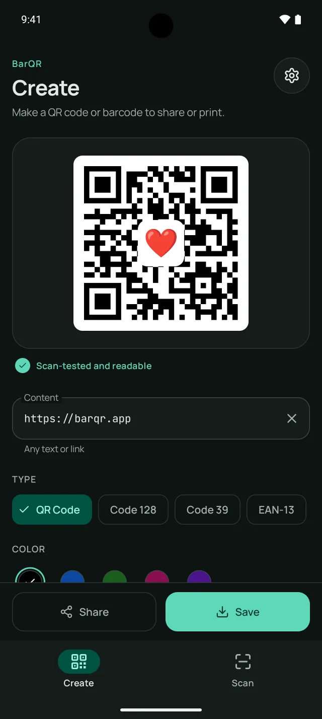 BarQR's Create tab with a QR code that has a heart in the middle
