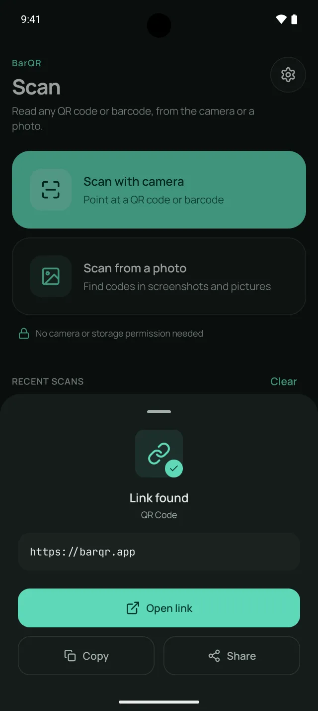 A BarQR scan result for a link, with Open link, Copy and Share