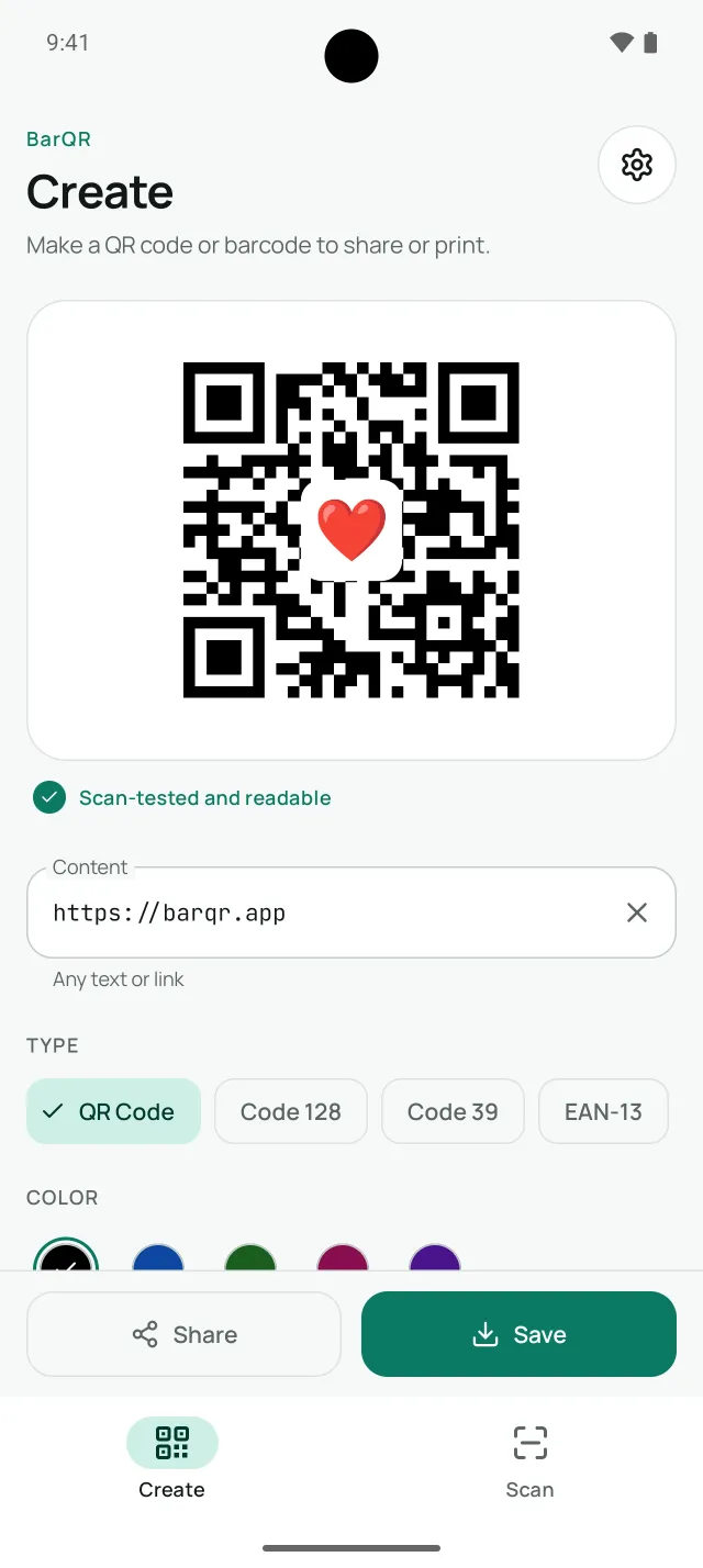 BarQR's Create tab with a QR code that has a heart in the middle