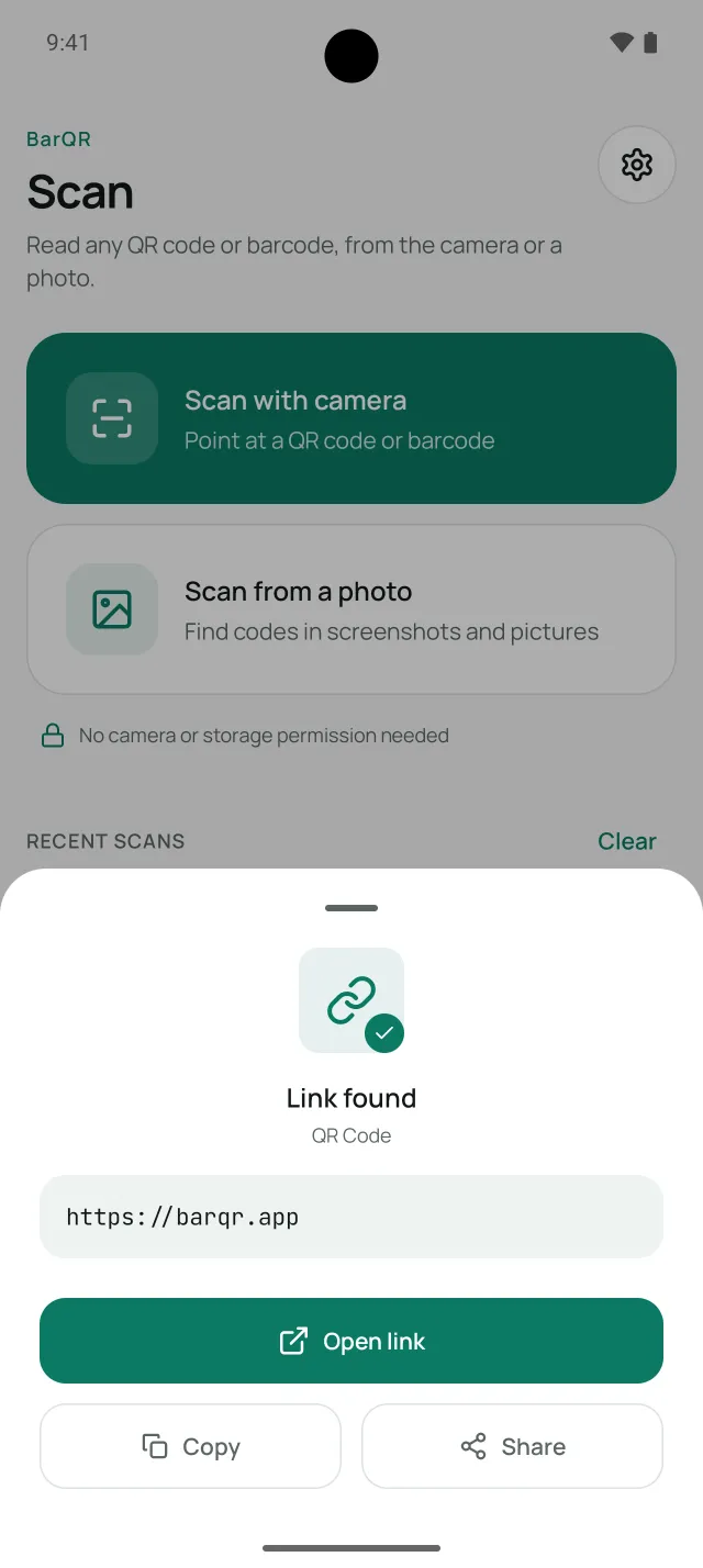 A BarQR scan result for a link, with Open link, Copy and Share